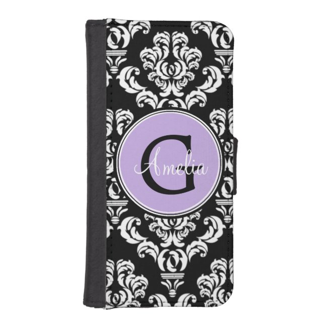Black Damask Lavender Monogram Wallet Phone Case (Front)