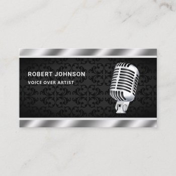 Black Damask Metallic Microphone Voice Over Artist Business Card by ShabzDesigns at Zazzle