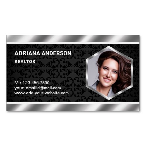 Black Damask Metallic Real Estate Photo Realtor Business Card Magnet