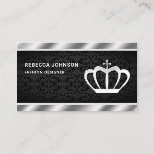 Black Damask Metallic Steel Silver Crown Business Card