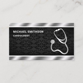 Black Damask Metallic Steel Stethoscope Doctor Business Card by ShabzDesigns at Zazzle