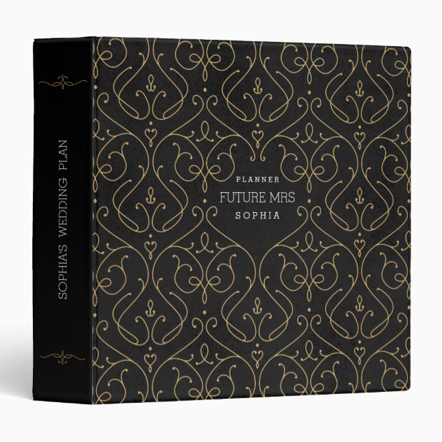 Black damask modern classic wedding planner binder (Front/Spine)