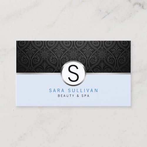 Black Damask Monogram Beauty Spa Business Card