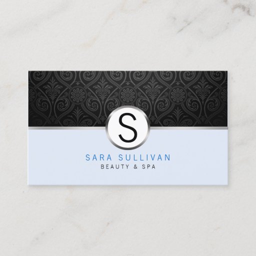 Customizable Black Damask Monogram Beauty Spa Business Card