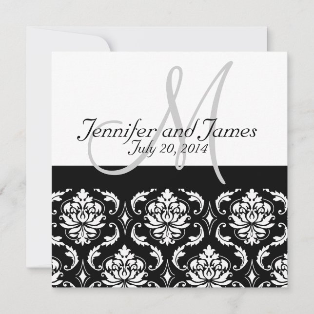 Black Damask Monogram Names Wedding Invitations (Front)