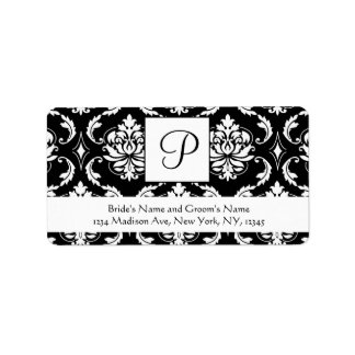 Black Damask Monogram P Wedding Address Labels
