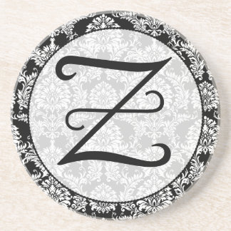 Black Damask Monogram Personalized Coaster