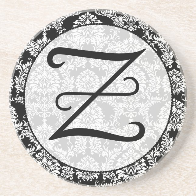 Black Damask Monogram Personalized Coaster (Front)