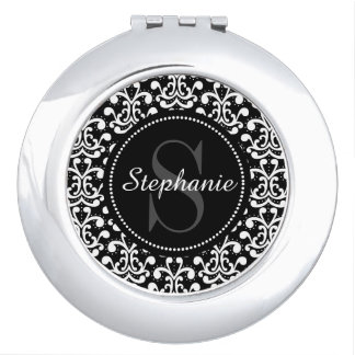 Black Damask Monogram Personalized Compact Mirror