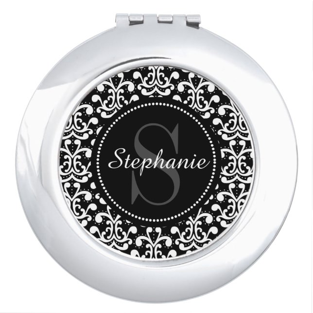 Black Damask Monogram Personalized Compact Mirror (Front)