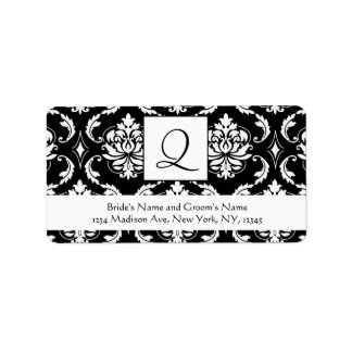 Black Damask Monogram Q Wedding Address Labels
