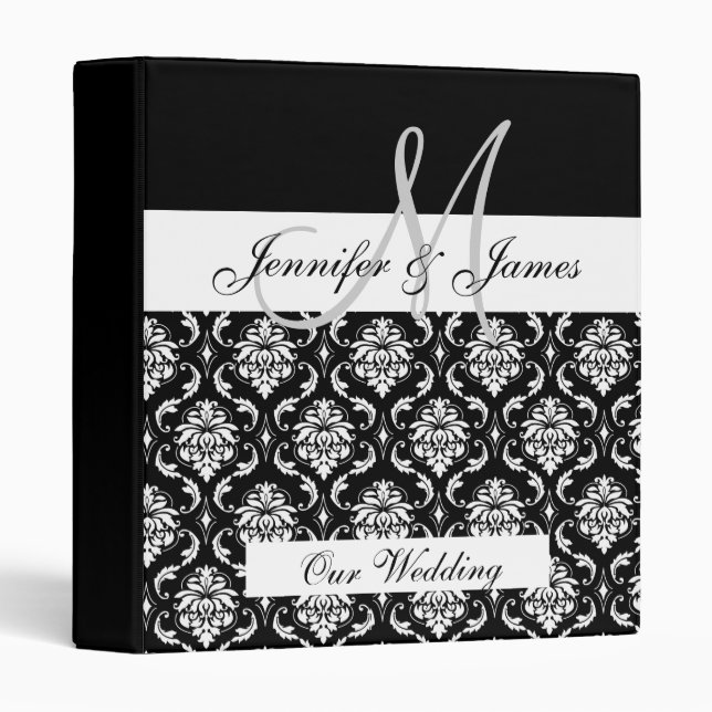 Black Damask Monogram Wedding Planner Binder (Front/Spine)