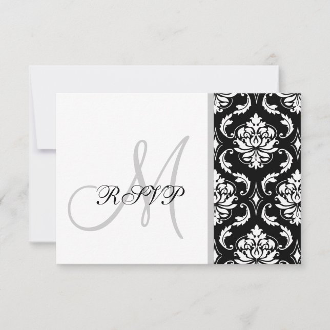 Black Damask Monogram Wedding RSVP Card (Front)