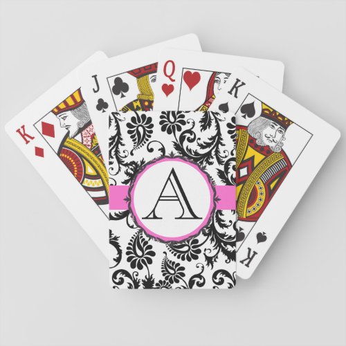Black Damask Monogramed Pink Wedding Playing Card