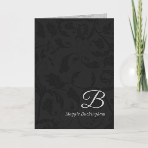 Black Damask Monogrammed Deluxe Greeting Note Card