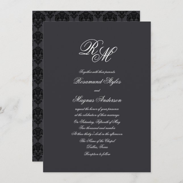 Black Damask | Monogrammed Wedding Invitation (Front/Back)