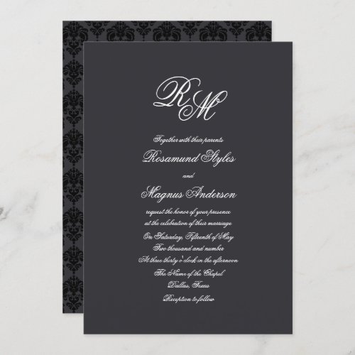 Black Damask  Monogrammed Wedding Invitation