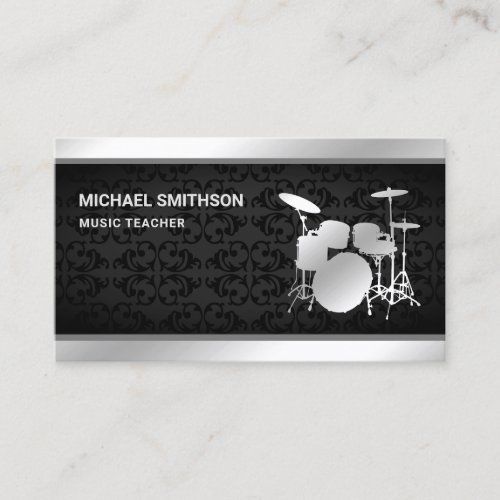 Black Damask Music Teacher Silver Drum Kit Drummer Business Card