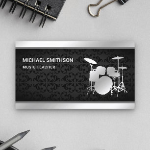 Black Damask Music Teacher Silver Drum Kit Drummer Business Card