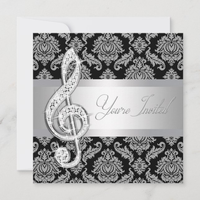 Black Damask Music Treble Clef Recital Invitations (Front)