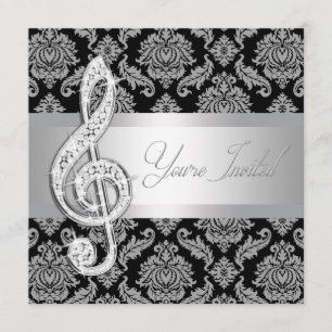 Black Damask Music Treble Clef Recital Invitations