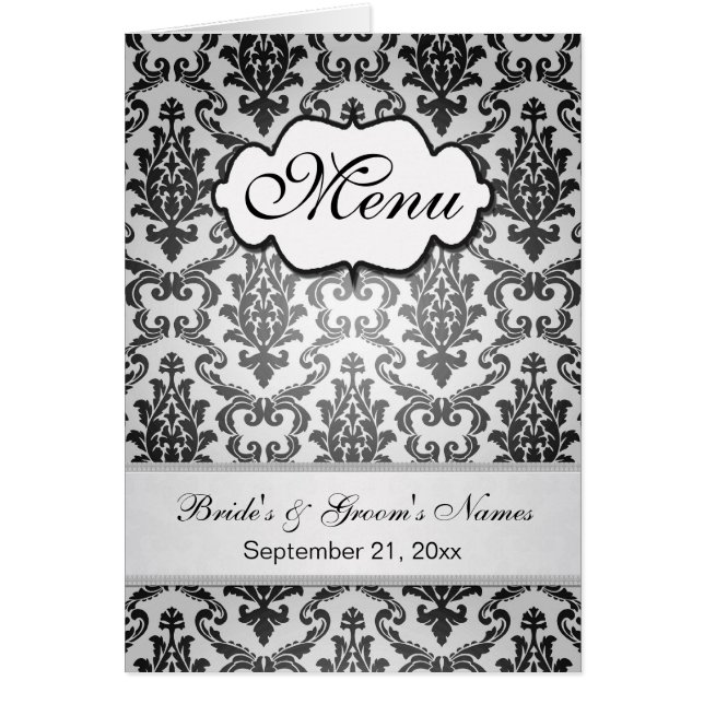 Black damask on a silver background Menu Cards (Front)