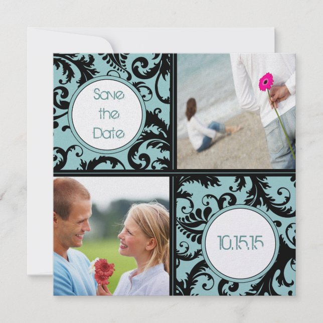 Black Damask on Aqua Wedding Save the Date (Front)