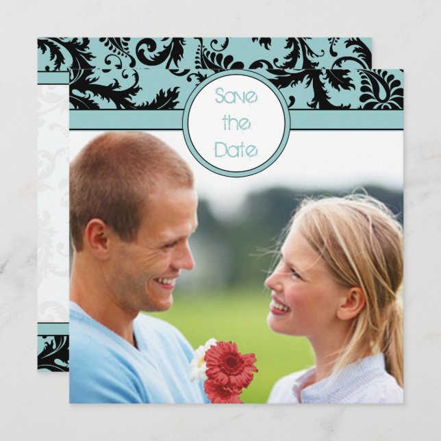 Black Damask on Aqua Wedding Save the Date Invitation (Front/Back)