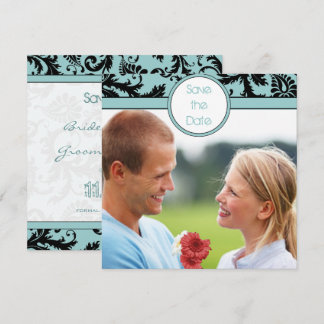 Black Damask on Aqua Wedding Save the Date Invitation
