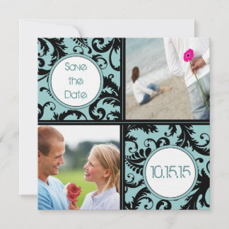 Black Damask on Aqua Wedding Save the Date Invitation