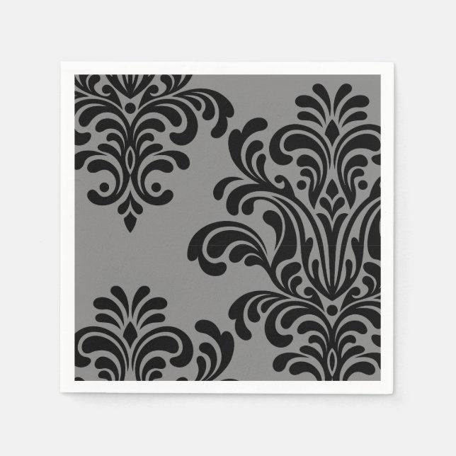 Black Damask on Gray Pattern Paper Napkins (Front)