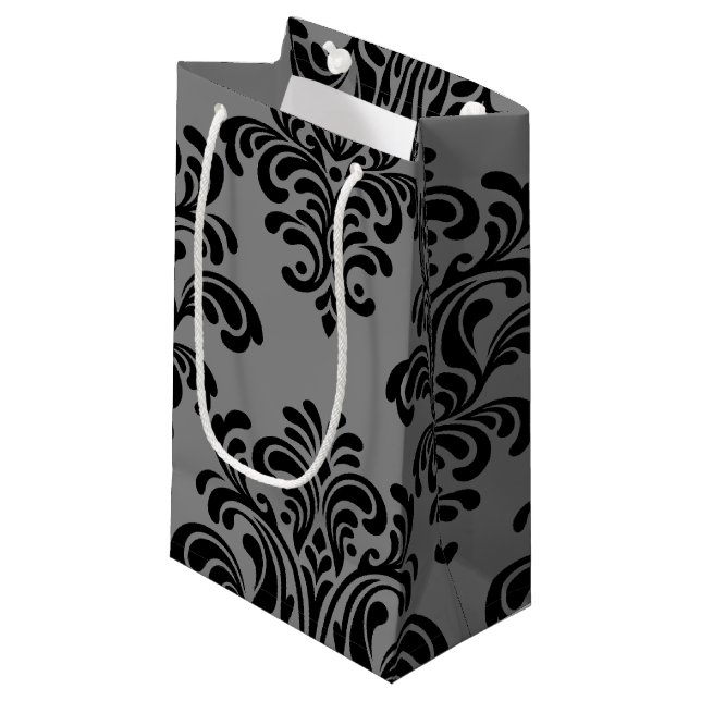 Black Damask on Gray Pattern Small Gift Bag (Front Angled)