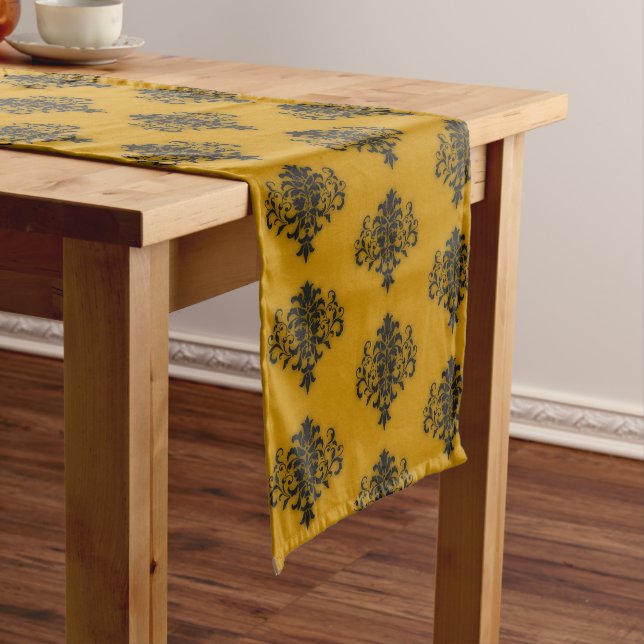 Black damask on mustard yellow pattern medium table runner (In Situ)
