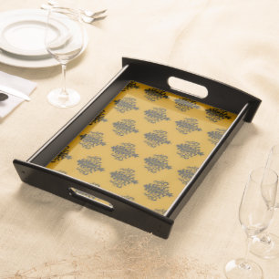 Black damask on mustard yellow pattern serving tray