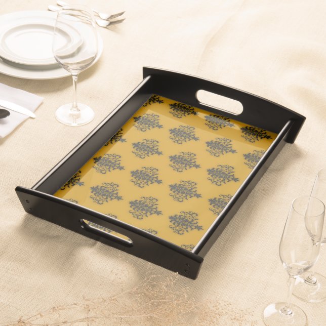 Black damask on mustard yellow pattern serving tray (Front)