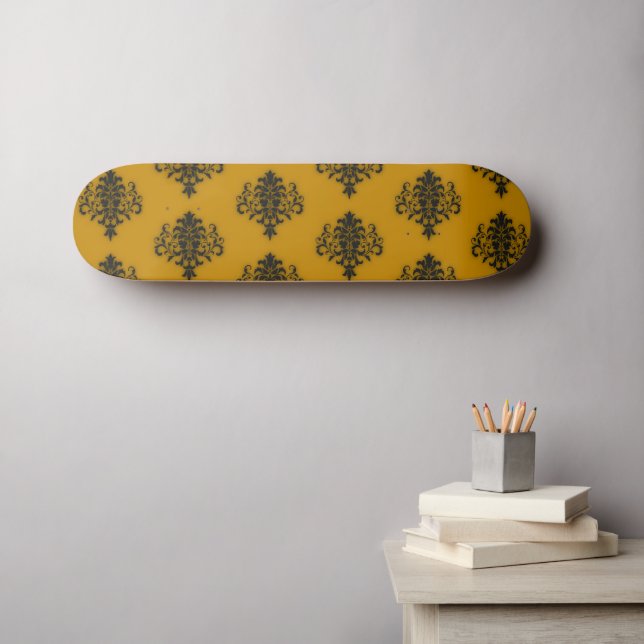 Black damask on mustard yellow pattern skateboard (Wall Art (Horz))
