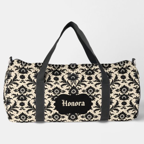 Black Damask on Sepia Duffle Bag