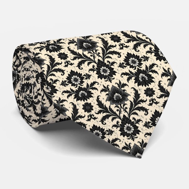 Black Damask on Sepia Neck Tie (Rolled)
