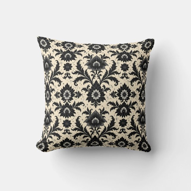 Black Damask on Sepia Throw Pillow (Front)
