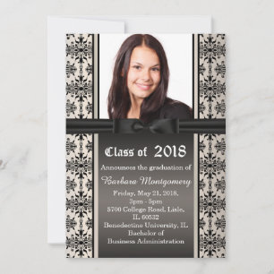 Black damask on silver Graduation Party Invite