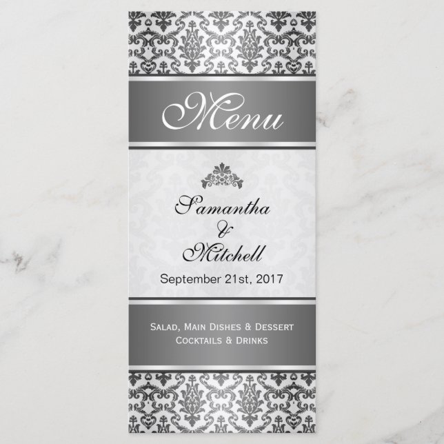 Black damask on silver gray Menu (Front)