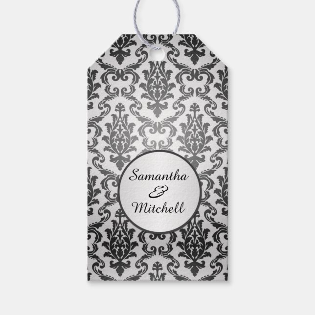 Black damask on silver gray Wedding Thank You Gift Tags (Front)