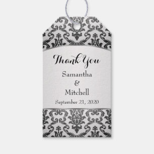 Black damask on silver gray Wedding Thank You Gift Tags