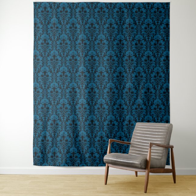 Black Damask on Teal Blue Floral Elegant Backdrop (In Situ)