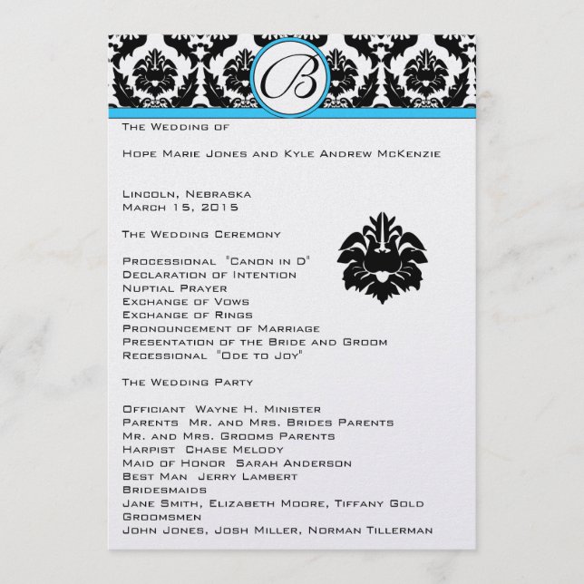 Black Damask On White Aqua Trim Wedding Program (Front)