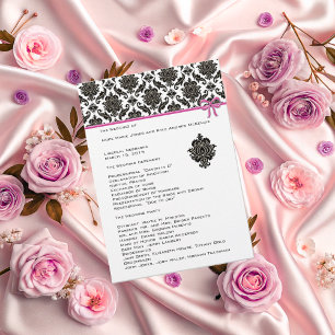 Black Damask On White  Pink Trim Wedding Program