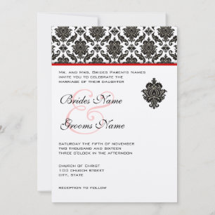 Black Damask On White  Red Trim Wedding Invitation