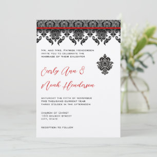 Black Damask On White  Red Trim Wedding Invitation