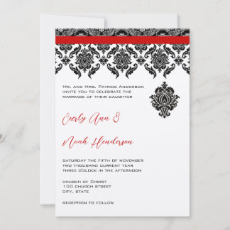 Black Damask On White Red Trim Wedding Invitation