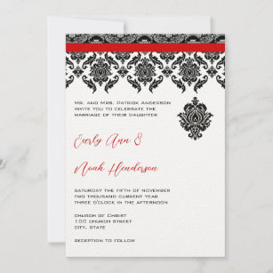 Black Damask On White  Red Trim Wedding Invitation